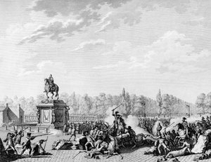 Rivoluzione francese: Place Louis XV, i dragoni di Charles Eugène de Lorraine, Principe di Lambesc, caricano un corteo che trasporta i busti di Jacques Necker e del Duca d