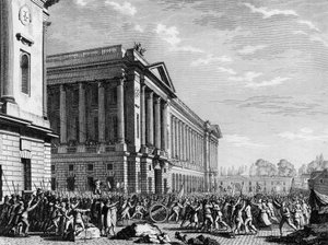 Rivoluzione francese: Il saccheggio delle armi alla guardia dei mobili (o deposito di mobili ora hotel de la Marine) il 13 luglio 1789, Place de la Concorde, Parigi: la folla, preoccupata per l