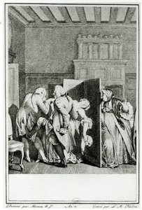 Il barone... salutò Candide con alcuni notevoli calci sul sedere e lo cacciò fuori, illustrazione dal capitolo 1 di Candide di Francois Voltaire (1694-1778) inciso da Louis Michel Halbou da Jean Michel the Younger Moreau