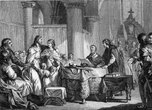 Abdicazione di Carlomanno (ca. 715-754), sindaco del palazzo di Austrasia, a favore del suo fratello, Pipino III detto Pipino il Breve (714-768), 747. Incisione di Jean Michel Moreau, detto Moreau le Jeune