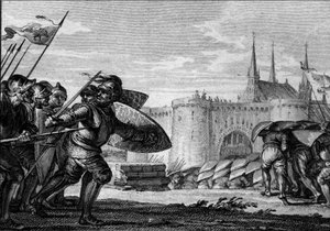 Esercito vichingo attacca Saint Germain des Prés e la sua abbazia. IX secolo (regno di Carlo II il Calvo). Incisione di Jean Michel Moreau, detto Moreau le Jeune (1741-1814) da Jean Michel the Younger Moreau