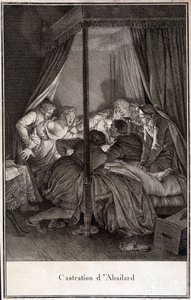 Castrazione di Pierre Abélard o Pierre Abailard filosofo e teologo francese (1079-1142). Incisione di Moreau da Jean Michel the Younger Moreau
