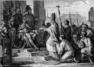 Carlo Magno (747-814), re dei Franchi, riceve la corona ferrea di Lombardia dalle mani del vescovo di Milano (774) - Incisione di Jean Michel Moreau, detto Moreau le Jeune