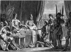 Carlo Martello (688-741), re dei Franchi, distribuisce i beni della Chiesa ai suoi soldati, 718. Incisione di Jean Michel Moreau, detto Moreau il Giovane (1741-1814)