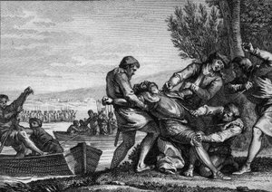 Morte di Guglielmo I di Normandia (910-942), assassinato dai fiamminghi a Piquigny (Somme), 943. Incisione di Jean Michel Moreau, detto Moreau le Jeune (1741-1814) da Jean Michel the Younger Moreau