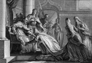 Emma di Francia (894-934), sorella di Ugo il Grande (897-956), si prostra ai suoi piedi. Sposata con Raoul di Borgogna (o Rodolfo, 890-936), decise, su richiesta del fratello, di dare la corona di Francia a suo marito, dichiarando 