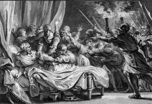 Fine della dinastia carolingia, 988: arresto di Carlo (953-991), duca di Bassa Lorena, da parte di Ugo Capeto (941-996) e del suo esercito. Incisione di Jean Michel Moreau, detto Moreau le Jeune (1741-1814) da Jean Michel the Younger Moreau