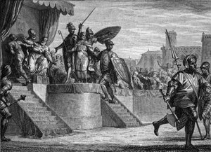 Fine della dinastia merovingia, 751: deposizione del re Childerico III (ca. 714-754) da parte di Pipino il Breve (714-768). Incisione di Jean Michel Moreau, detto Moreau il Giovane (1741-1814) da Jean Michel the Younger Moreau