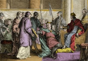 Erispoe (morto 857), Re di Bretagna (Herispogius - Hervspogius - Respogius) riceve gli ornamenti del regno dalle mani di Carlo II il Calvo (823-877), 851. Incisione di Jean Michel Moreau, detto Moreau le Jeune (1741-1814)