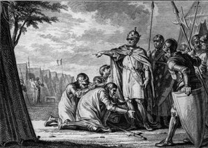 Luigi I il Pio o il Debonnaire perdona suo figlio Lotario che si prostra ai suoi piedi. 834. Incisione di Jean Michel Moreau, detto Moreau il Giovane