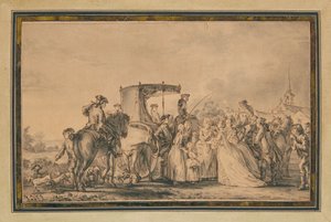 Maria Antonietta, scendendo dalla sua carrozza e circondata dal suo corteo, conforta un contadino, 1773