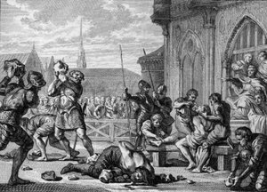 Martirio di San Leger e del conte Guarino, 675: il vescovo San Leger (616-675), a destra, ha la lingua e le labbra tagliate. Suo fratello, il conte Guarino (a sinistra) viene lapidato. Incisione di Jean Michel Moreau, detto Moreau il Giovane (1741-1814) da Jean Michel the Younger Moreau