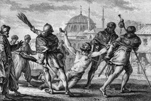 Nerra coots (972/987-1040), Conte di Anjou, pellegrinaggio a Gerusalemme. Viene trascinato nudo, con una corda legata al collo, per le strade della città, mentre uno dei suoi scudieri lo frusta con verghe e chiede grazia a Dio. XI secolo. Incisione di Jean da Jean Michel the Younger Moreau