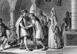 Filippo I (1052-1108), re dei Franchi, visita la corte del conte di Angiò, Foulques le Rechin (1042-1109). Questo viaggio è un pretesto per organizzare il suo matrimonio con Bertrada di Montfort (ca. 1070-1118), moglie del conte. 1095. Incisione di Jean Mi
