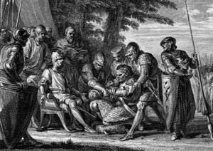 Rollone (ca. 860-933), capo vichingo, rifiuta di baciare il piede del re Carlo III il Semplice (879-929), 912. Incisione di Jean Michel Moreau, detto Moreau il Giovane (1741-1814)