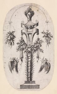Design per un termine con la testa di donna, strapwork e trofei da Jean Mignon