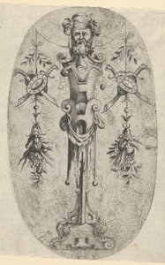 Figura terminale maschile, testa con barba e turbante su un piedistallo a tre quarti, ca. 1543-45 da Jean Mignon