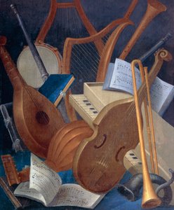 Strumenti musicali, dettaglio da Allegoria della Musica, dipinto su pannello di Jean Mosnier. Castello di Beauregard, Loir-et-Cher, Francia da Jean Monier or Mosnier
