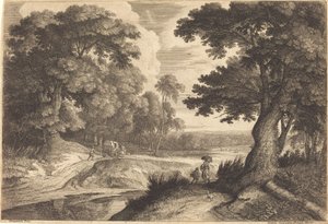 Bordo di un bosco con contadini che vanno al mercato da Jean Morin, after Jacques Fouquières