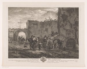 Monaci distribuiscono cibo ai pellegrini in un cortile (La Carità dei Cappuccini, Stampe da dipinti di Philips Wouwerman)