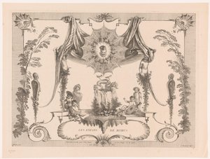 Progetto per boiserie con bambini vicino a una fontana (serie: Les Enfans de Momus, Oeuvre di Antoine Watteau) da Jean Moyreau