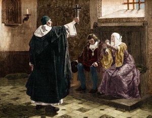 Il grande inquisitore spagnolo, Fray Tomás de Torquemada (1420-1498), tra i re cattolici Ferdinando II e Isabella I di Castiglia da Jean Paul (after) Laurens