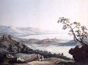 Veduta di Ginevra da Saconex in Savoia, inciso da Jean Philippe Linck II (1770-1812) e Jacob Philippe Hackert (1737-1807) da Jean Philippe II (after) Linck