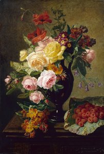 Rose, Papaveri, Violacciocche in un Vaso con Lamponi