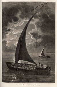 Le barche del Nilo superiore, equipaggio ridotto e passeggeri che dormono sul ponte, al chiaro di luna, incisione dal disegno di J. Moynet, che illustra il viaggio nel cuore dell