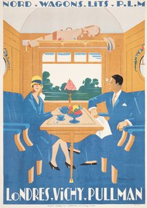Poster pubblicitario per il treno espresso Pullman da Londra a Vichy da Jean Raoul Chaurand Naurac
