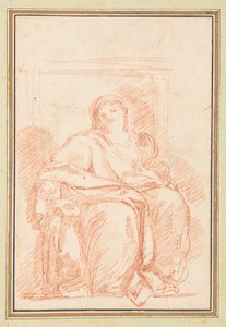 Figura femminile seduta in abiti da Jean Robert Ango
