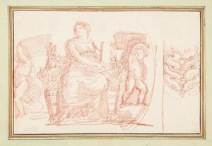 Figura femminile seduta con libri e putti