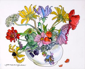Black Eyed Susans, Queen Annes Lace  Cosmos in Blue  White China Bowl (acquerello e inchiostro su carta)