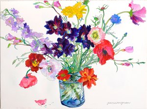 Gigli, papaveri e delphinium (acquerello e inchiostro su carta)