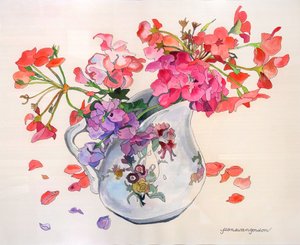 Fiori di primavera nella lattiera Limoges Du Barry (acquerello e inchiostro su carta)