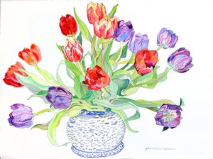 Tulipani in ciotola con disegni di pesci e uccelli dipinti, 2006 (acquerello e inchiostro su carta)
