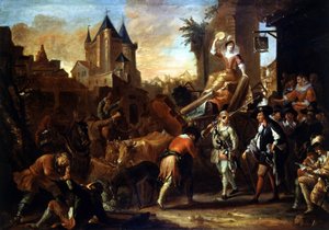 Arrivo dei comici a Le Mans Dipinto che illustra "The Comic Roman" di Paul Scarron (1610-1660). Dipinto di Jean-Baptiste Coulom (o Coulon) (ca. 1695-1735) da Jean de Coulom