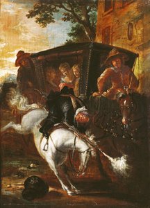 Con un moschetto sulla schiena, Ragotin sale sul suo cavallo per accompagnare la troupe, da 
