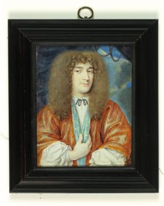 Un gentiluomo in camicia bianca e veste arancione foderata di seta blu, lunga parrucca castano chiaro da Jean the Younger (attr.to) Petitot