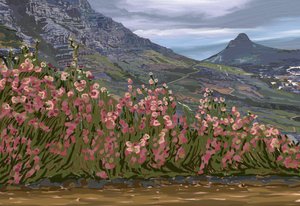 Panorama montano con fiori rosa