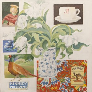 Ephemera, tra cui tazze da caffè, pacchetti di sigarette, cartoline e tulipani. da Jennifer Abbott