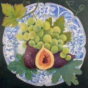 Fichi e uva su un piatto, 2018 (acrilico su tela) da Jennifer Abbott