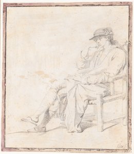 Un giovane uomo con cappello e vestaglia. Figura intera seduta, rivolta a sinistra da Jens Juel