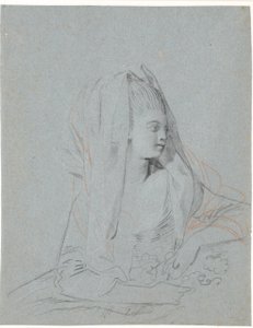 Studio di giovane donna seduta con fiori in mano e velo sulla testa da Jens Juel