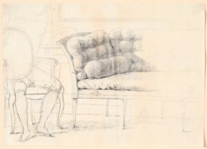 Studio per il ritratto di famiglia Holmskiold del 1787: il divano imbottito, e a sinistra una sedia con la figura di Holmskiold schizzata da Jens Juel