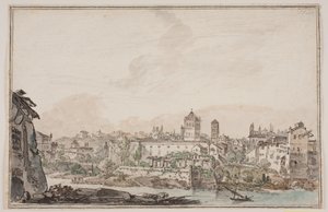 Veduta della città con case e chiesa vicino al fiume. Roma antica da Jens Petersen Lund