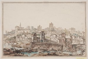 Veduta di città con case e chiesa vicino al fiume. Roma antica da Jens Petersen Lund