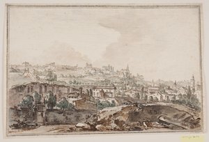 Veduta della città con case e muro vicino al fiume; sullo sfondo chiese e palazzi da Jens Petersen Lund
