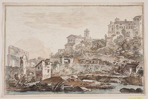 Veduta della città con rovine e chiesa e palazzo in alto