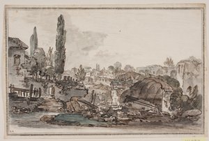 Prospettiva con alberi alti, edifici e rovine da Jens Petersen Lund